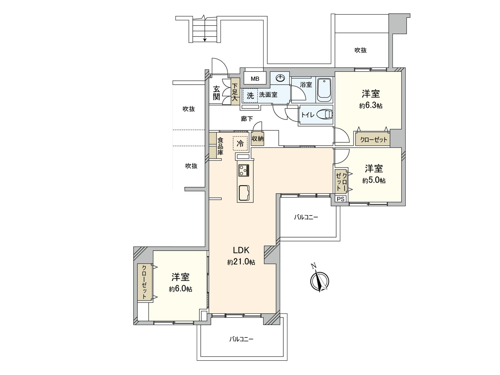 [房型图]实际使用面积约80平米的3LDK+餐具室