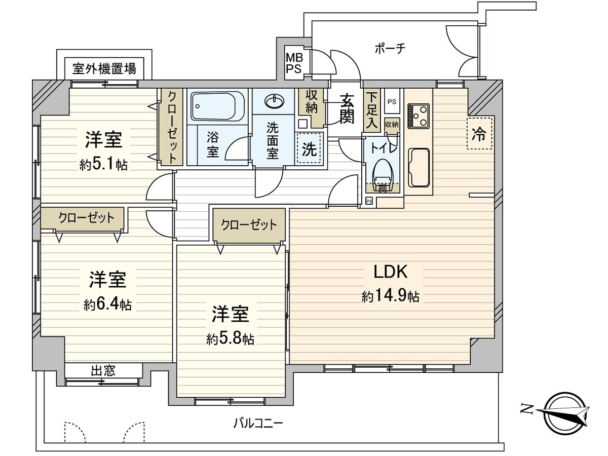 [平面圖]兩個客廳和西式房間面向陽台的亮的房型