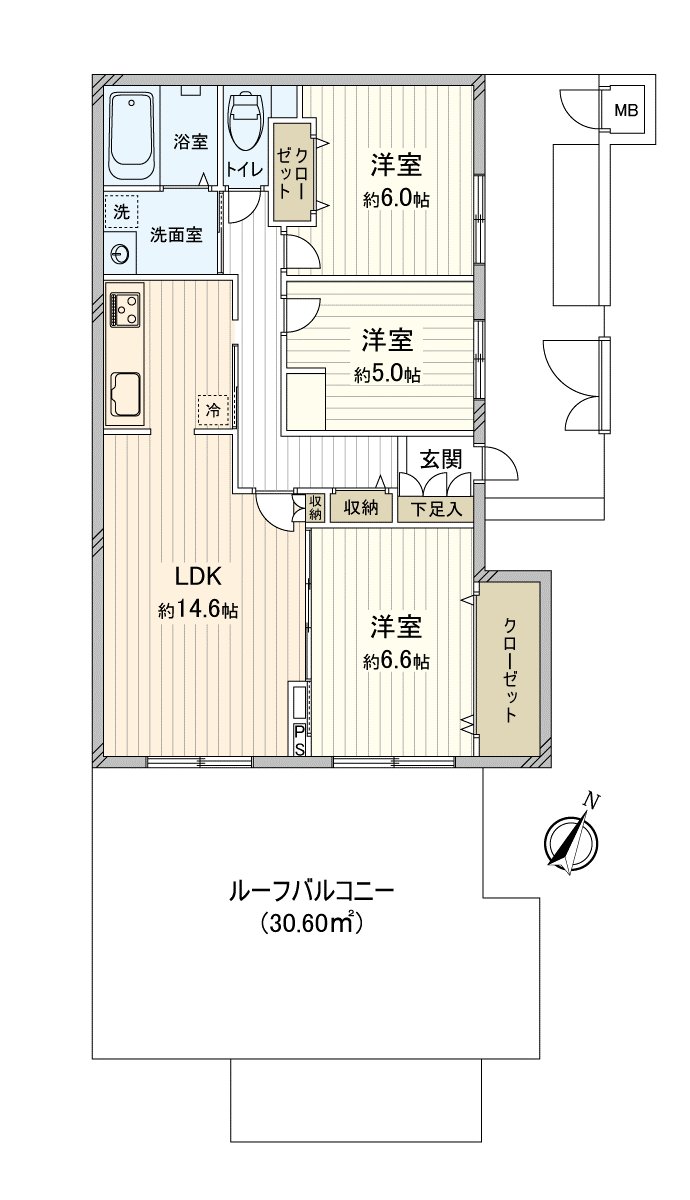 私人使用面積約74平方公尺的3LDK型