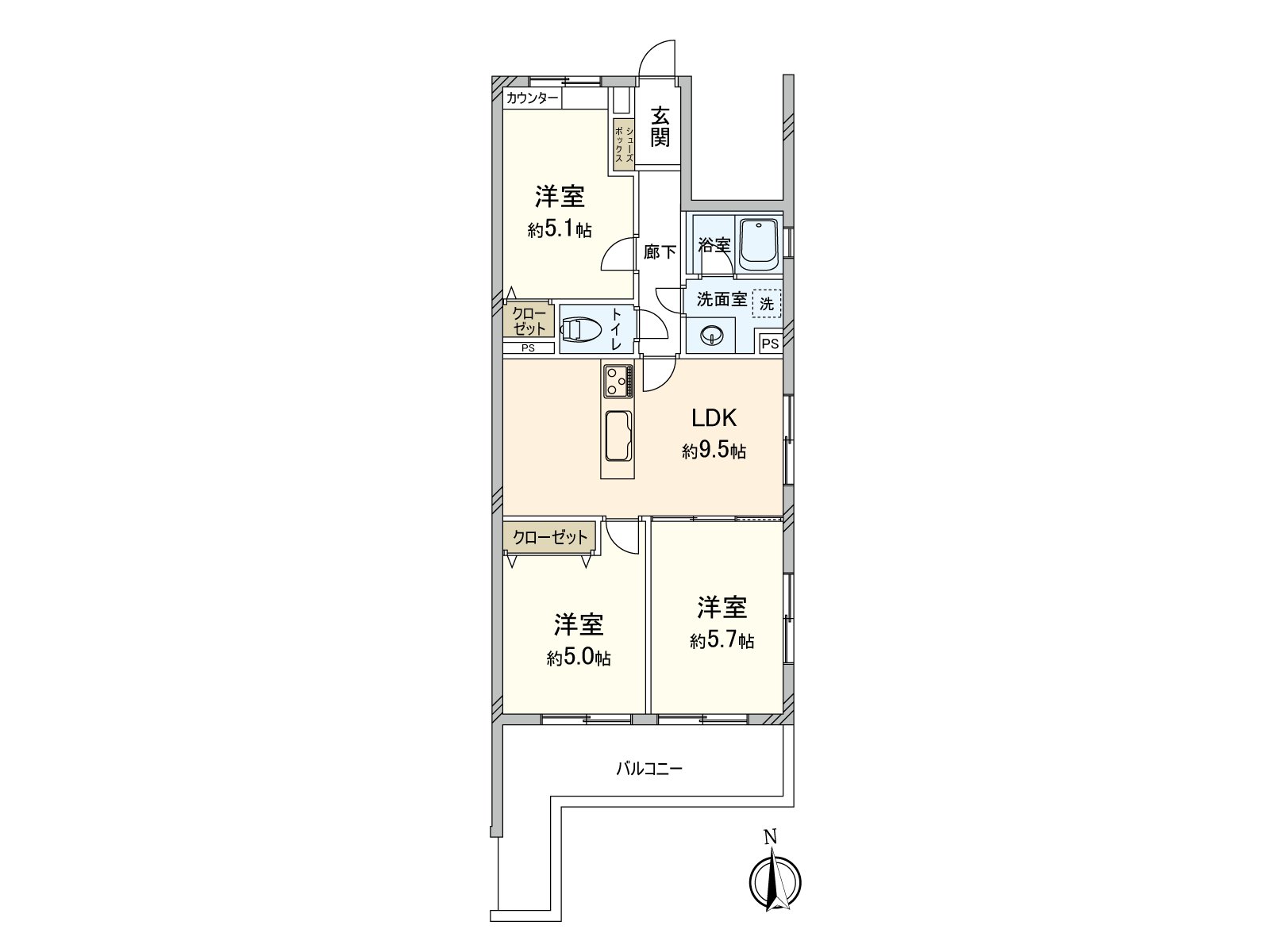 3LDK type of exclusive area about 56 square meters