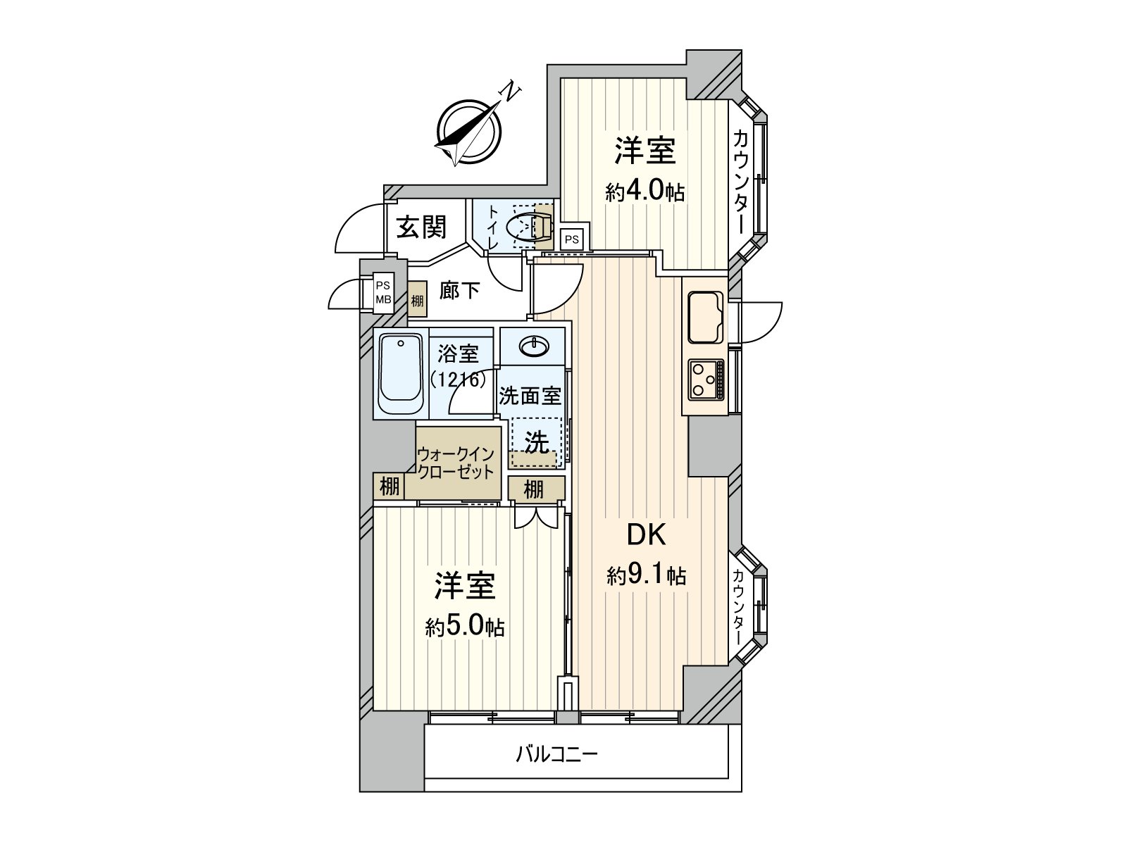 About 40.29 square meters of exclusive area, 2DK+WIC type
