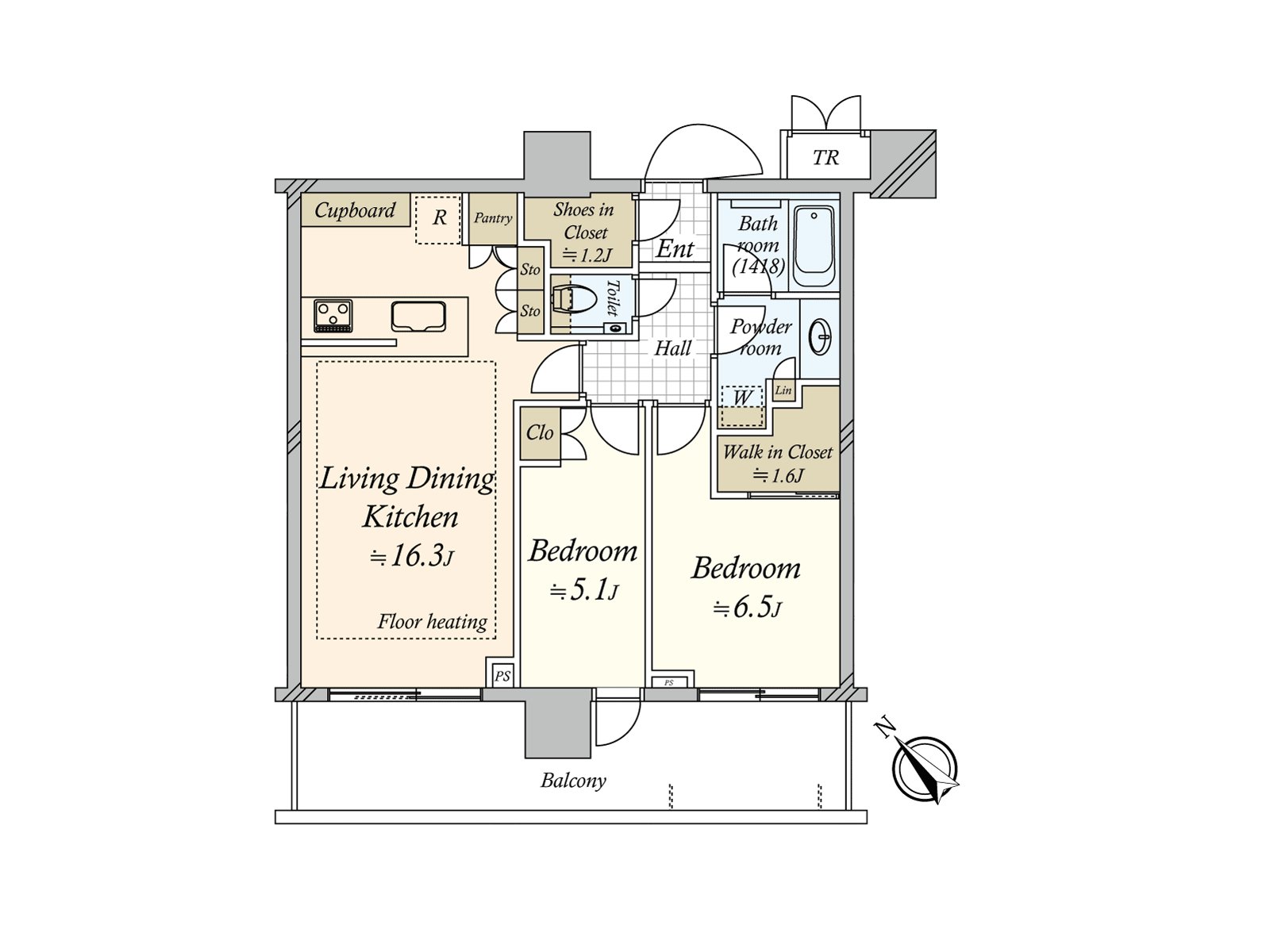 Layout of the 2LDK type that each room is faced with Terrace