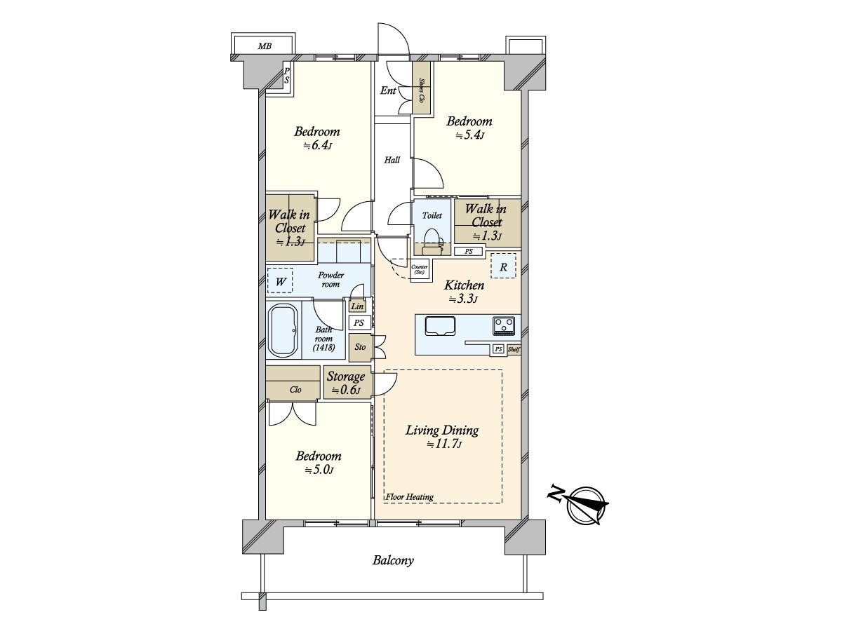 3LDK of exclusive area 72.96 square meters