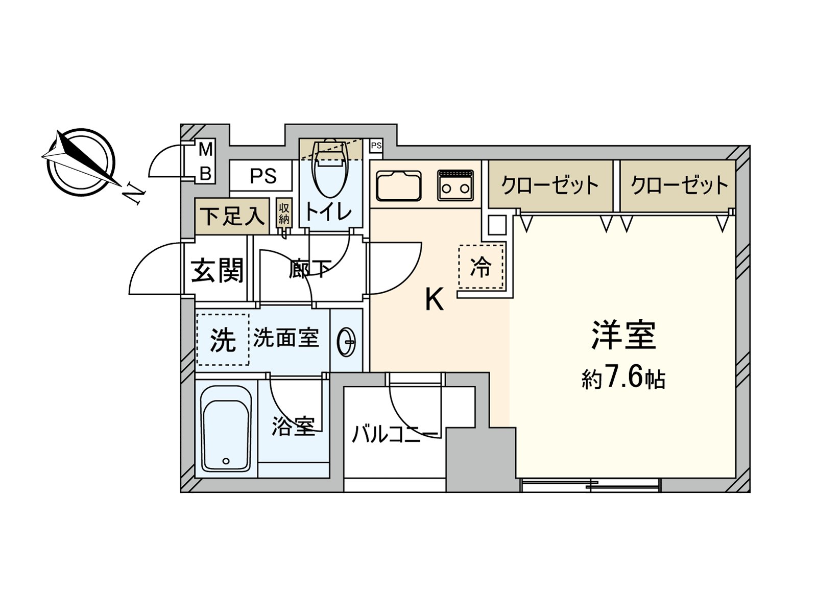 As the closet with the storing power is established, it is cleared up clearly in a room. Space is distributed moderately and is the Plan which can effectively utilize space.