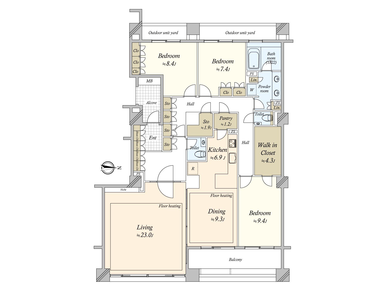 面向东、西面的两面有开口部，阳光、通风良好。LDK是约39.2张塌塌米宽敞的空间。客餐厅的最大天花板高度有约2.7m和开放感觉。
