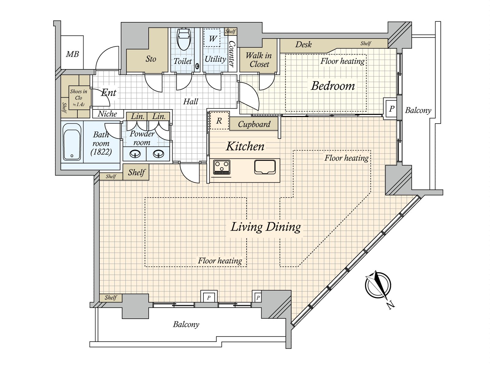 是2面陽台被設立的住戸。有包括嵌入式衣櫃等在內的豐富的收藏。