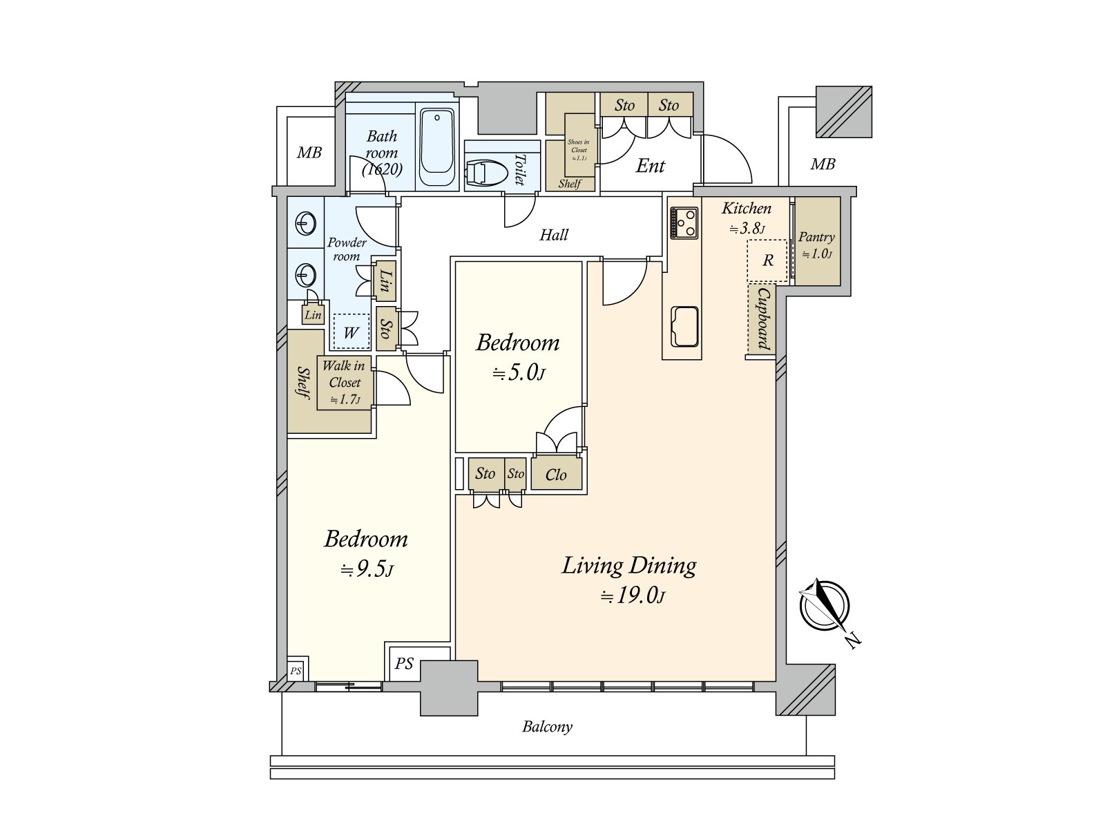 全居室収納に加え、廊下部分などにも収納が設けられており、住空間を広く確保することができます。開口部は北東です。