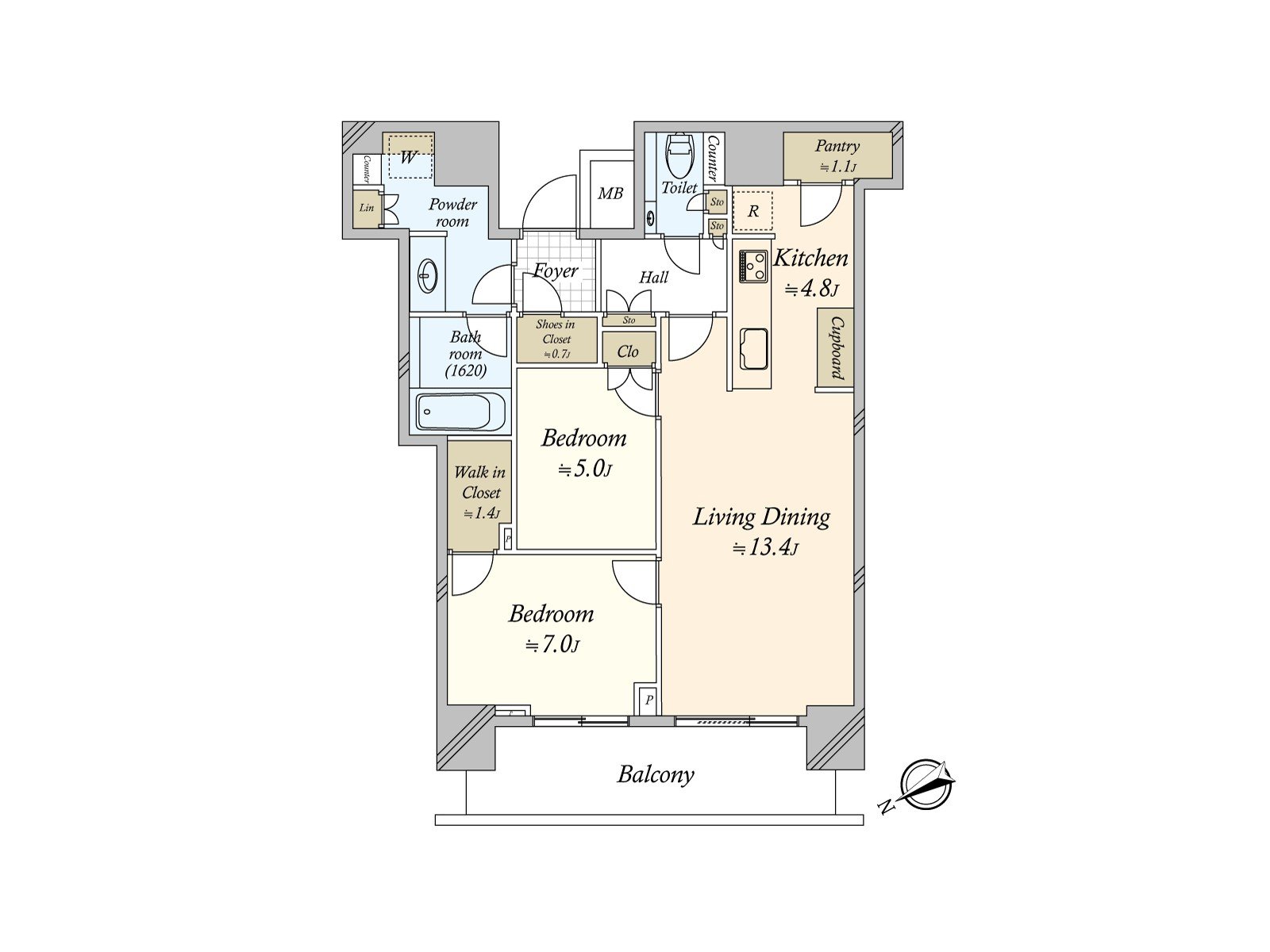 面向適合西北的陽台的2LDK的家。WIC以及SIC，餐具室等的多彩的存儲空間充實。水周圍在面積方面很充裕，毛巾收納處也具有。