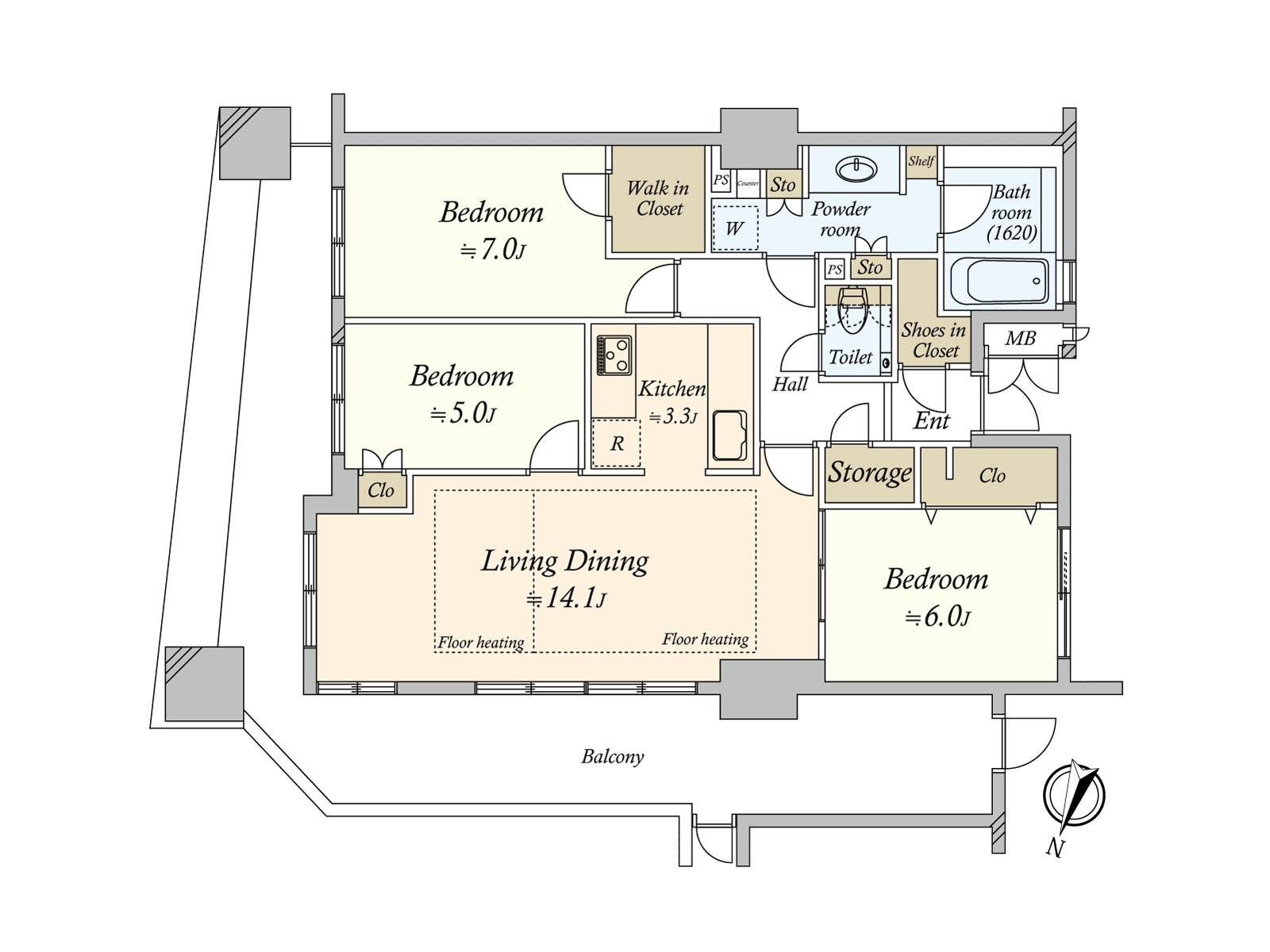 There is an open feeling in 6th floor corner unit. To area "3LDK" with the L-shape terrace with a space. LDK is about 17.4 quires of area. Storing is established in the everywhere including WIC and SIC and can spend time in a residential space cleared up clearly.