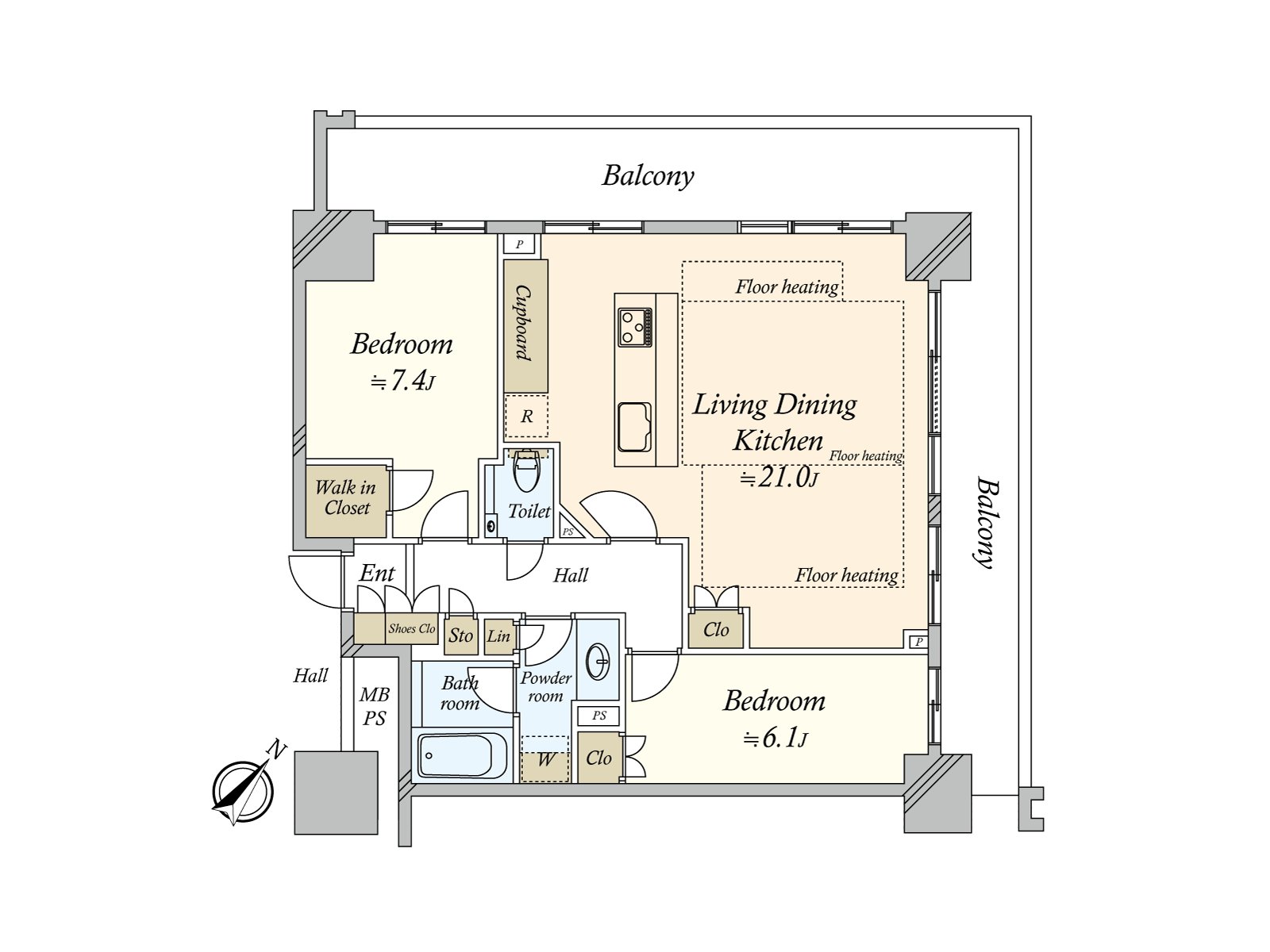 A dwelling unit full of a feeling of opening that all rooms is faced with terrace. As for the each room, area with a space is secured.
