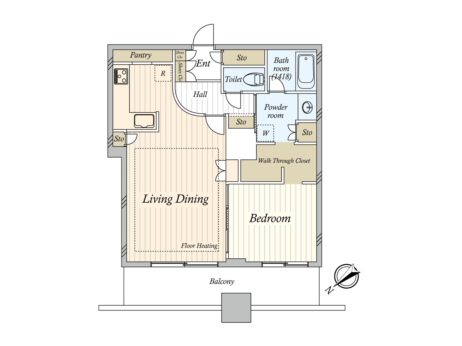 The 1LDK dwelling unit which possessed storage space in living storing, pantry, the entrance storing, the everywhere including the walk through closet. An LD part possesses floor heating and seems to be useful at winter cooling time.