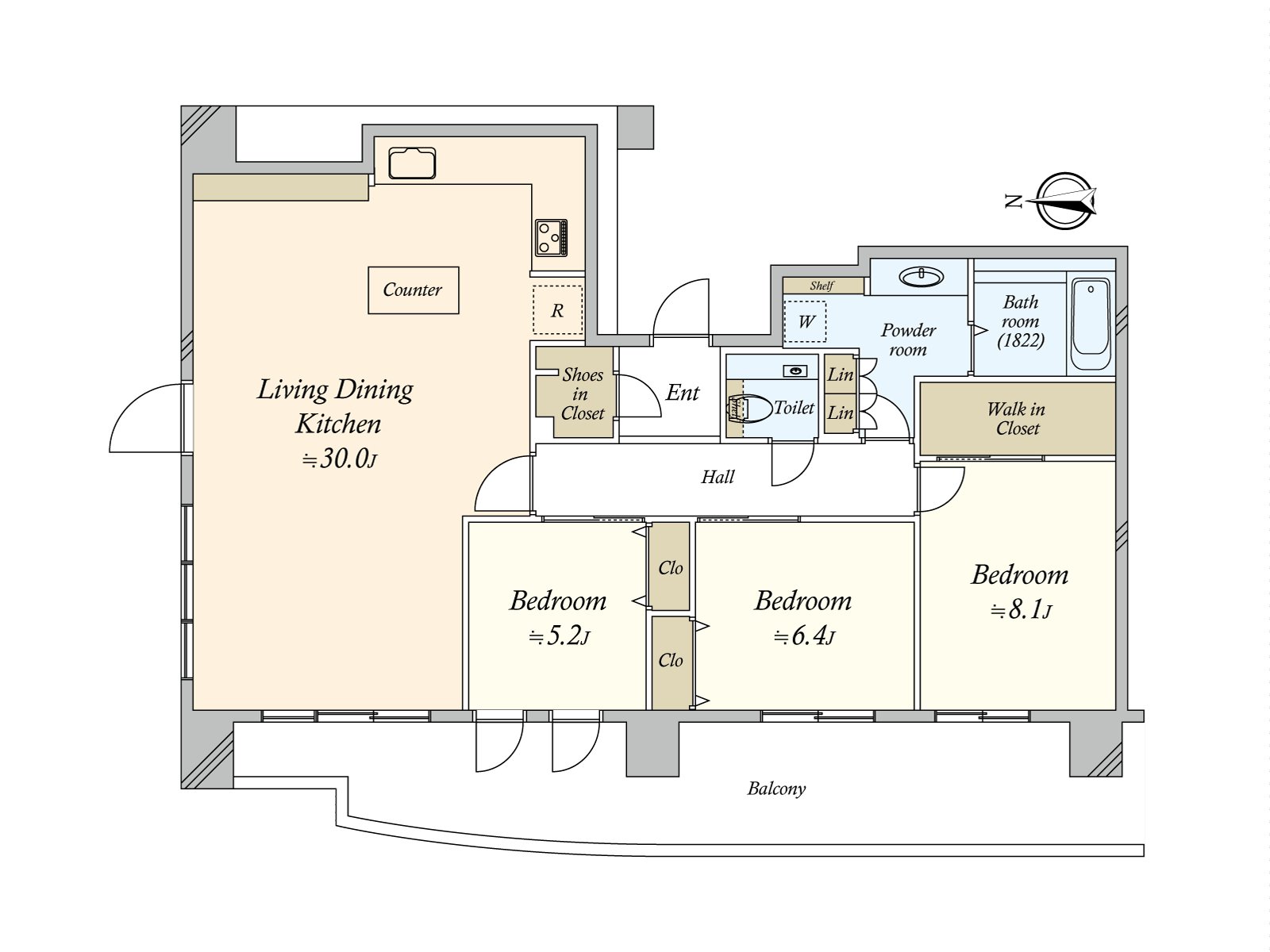 It is a dwelling unit located in the 3LDK facing west, the 27-story-above-the-ground 24th floor part. LDK has about 30 quires of area. There is abundant storage space including SIC and WIC and can effectively utilize a residential space.