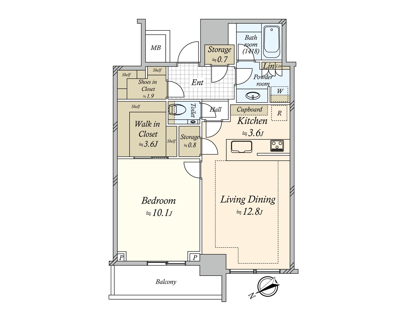 SICやWICなど、随所に収納スペースが設けられた北西向きの1LDK住戸です。LD部分には床暖房が搭載されているので、寒い時期も快適に過ごせます。