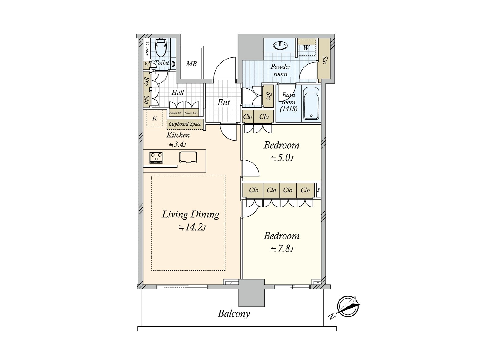 有陽台的2LDK。到各居室，通過客餐廳，家族是容易互相見面的房型。