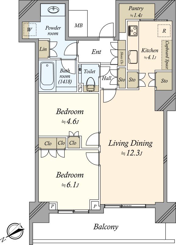 是面向存储空间丰富的66.49平米西北的2LDK的房型。
