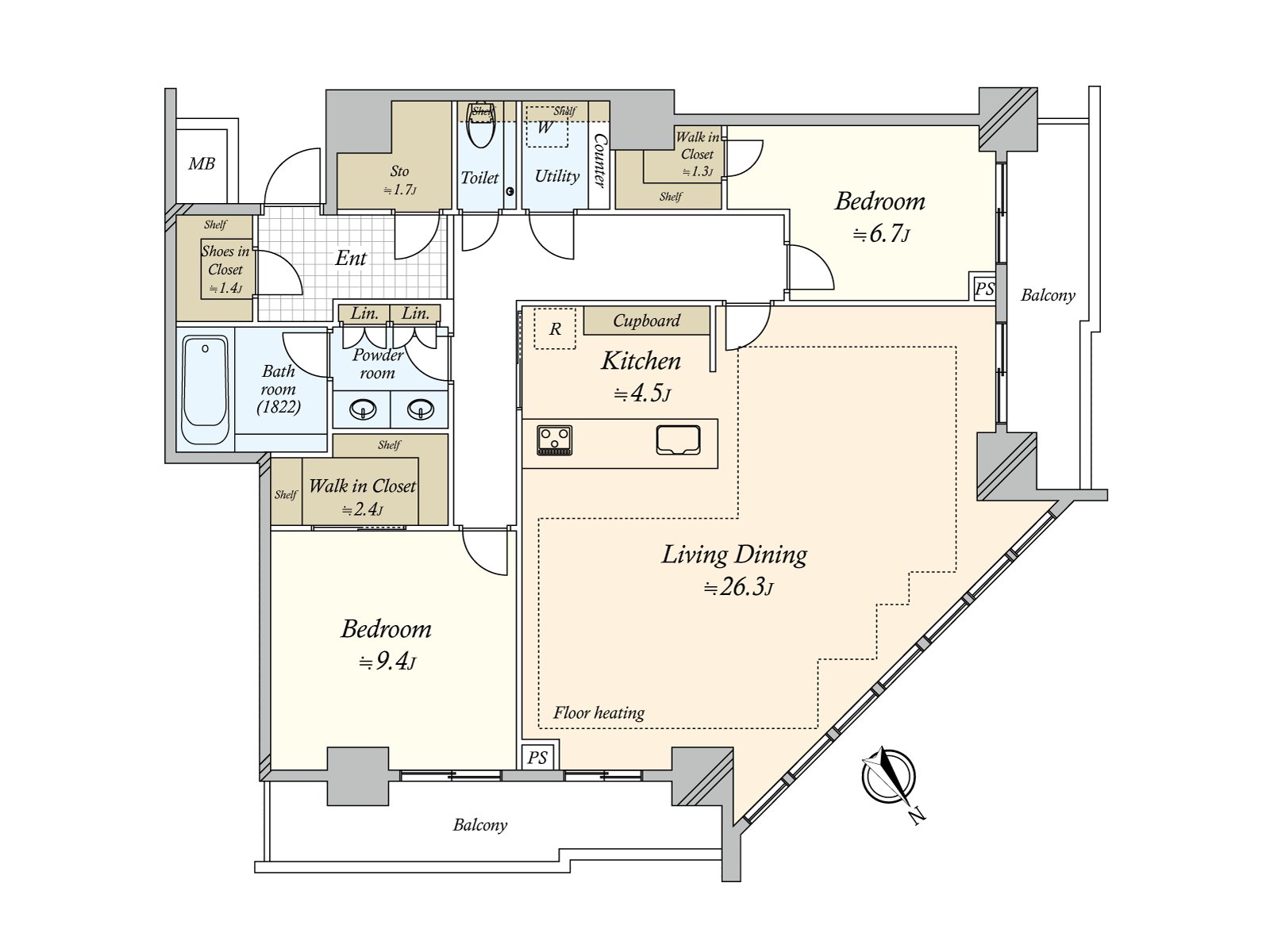 LDK is a certain about 30.8 quires of space area. The LD part is with floor heating. As storing including WIC and SIC is established abundantly, I can keep house space clearly.