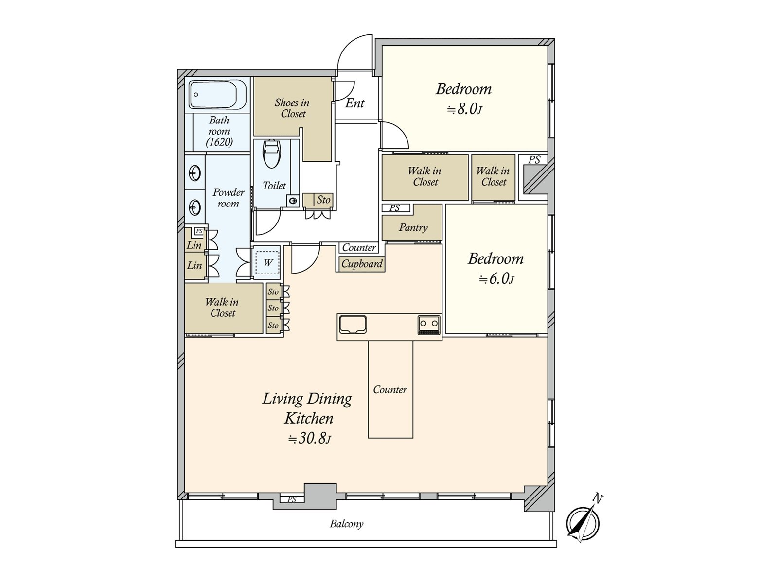 [Floor plan] An authority of ･ style per positive is good for 7th floor ･ Southeast Orientation Corner Unit. About 30.8 tatami that LDK was spacious. Abundant storage space such as WIC ･ SIC ･ pantry is with it.