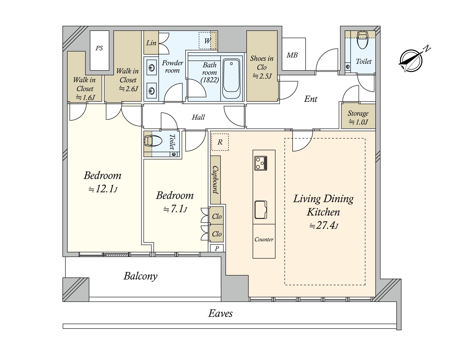 全居室是面向东南一侧的2LDK的住戸。WIC2地方以及门口的SIC有丰富的存储空间，能有效活用住空間。