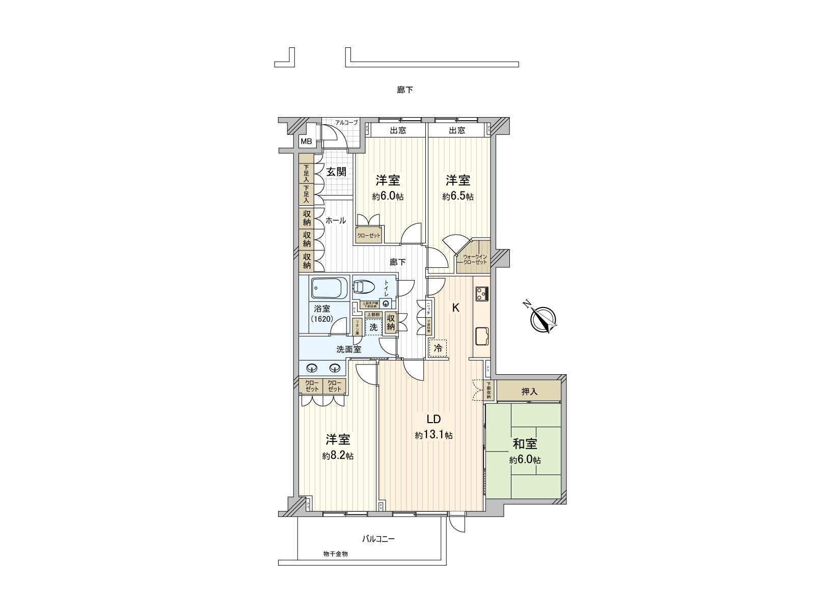 是舒適某一個"4LDK"住戸。廚房能進出客餐廳一側，走廊一側各自的2WAY式樣。收藏被客餐廳、各居室、走廊準備，能和感覺清醒保持住空間。