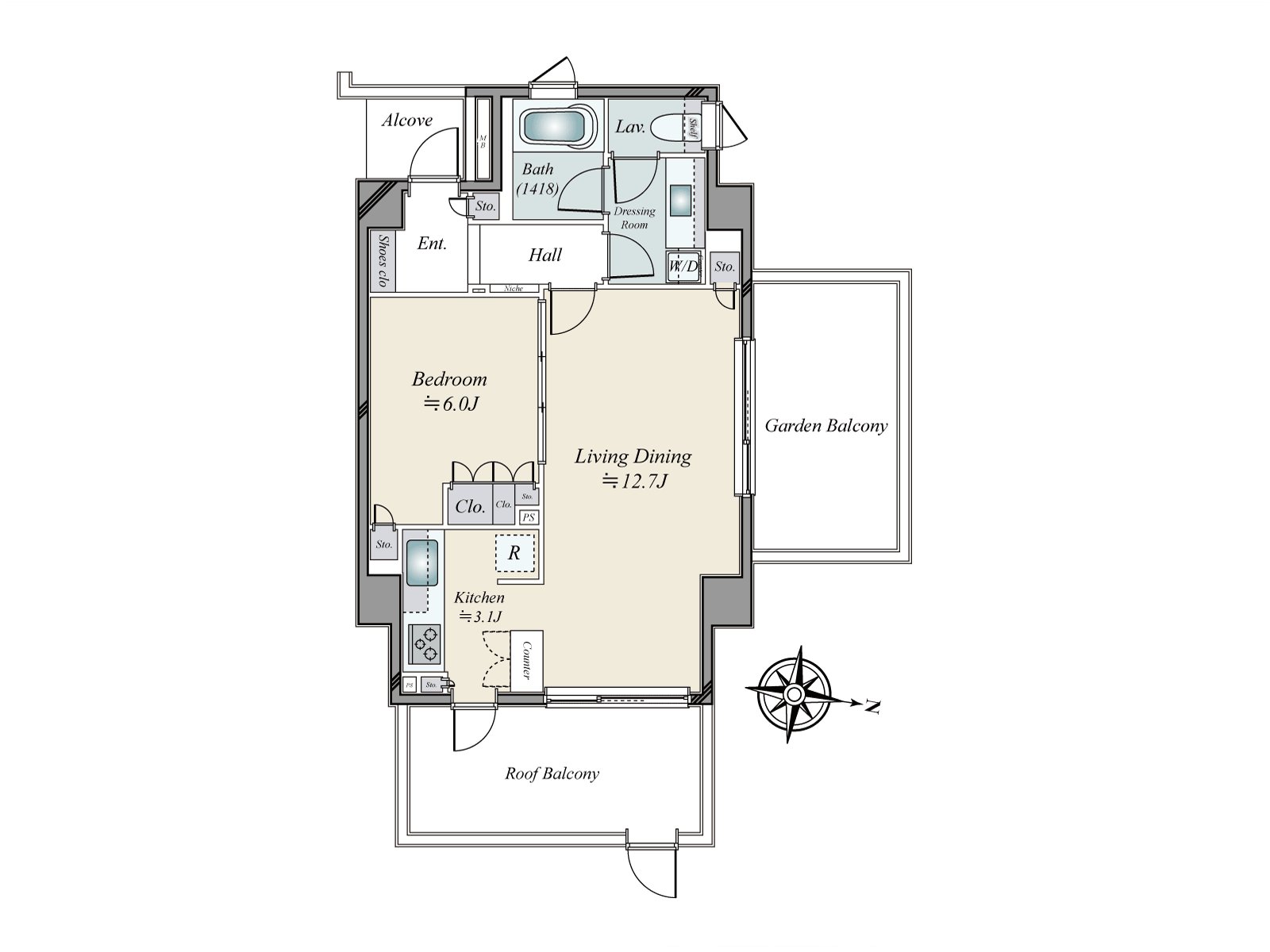 屋頂陽台面積：11.22平方公尺，Garden陽台面積：11.44平方公尺，alcove面積：專用貯藏室2.66平方公尺，面積：0.54平方公尺