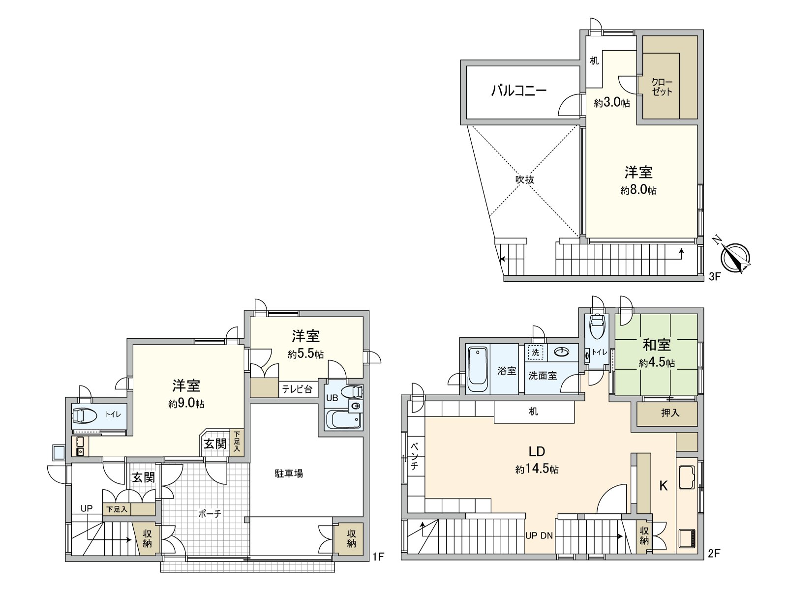 A house of 4LDK area 40 tsubo or more. The doorway to a porch of the 1st is two and, in the case of outing, seems to be able to appear smoothly.
