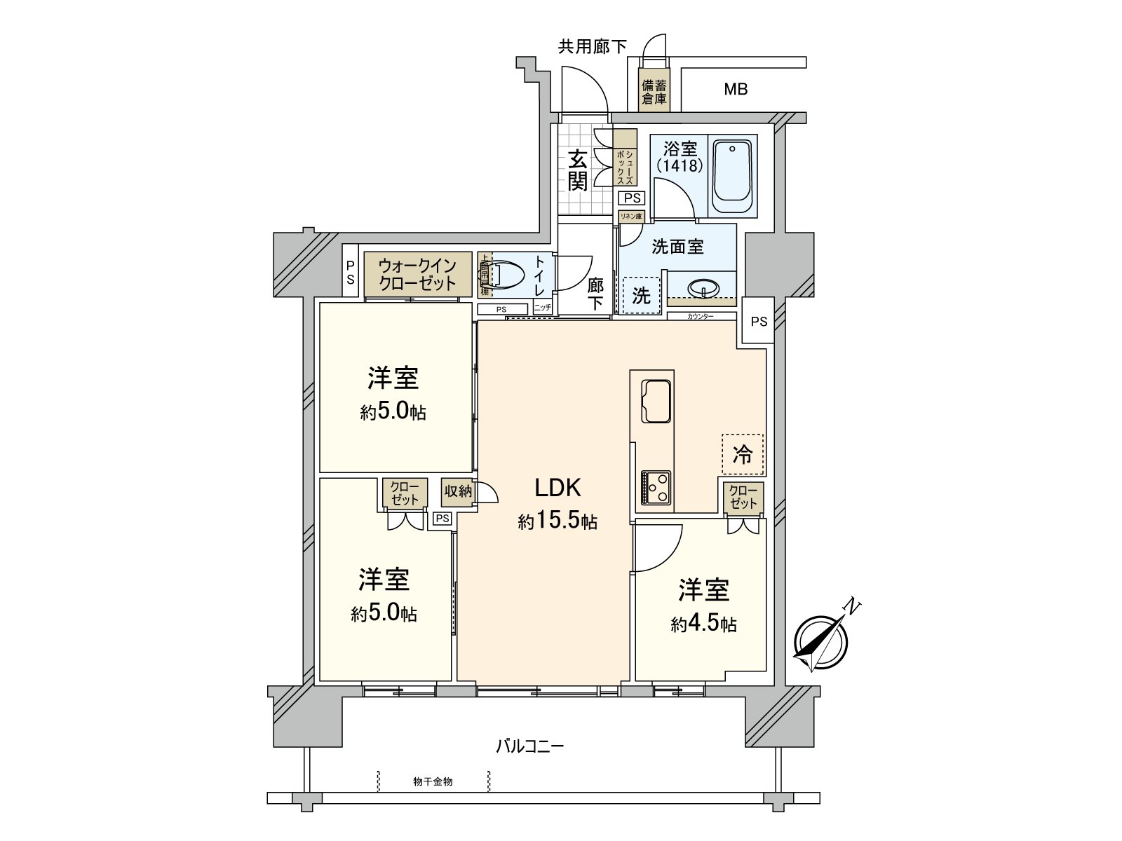 三个西式房间同在LDK邻接的房型设计。不拿许多走廊的空白，居住空白被广泛地确保。有防盗门，并且被考虑防止犯罪面。