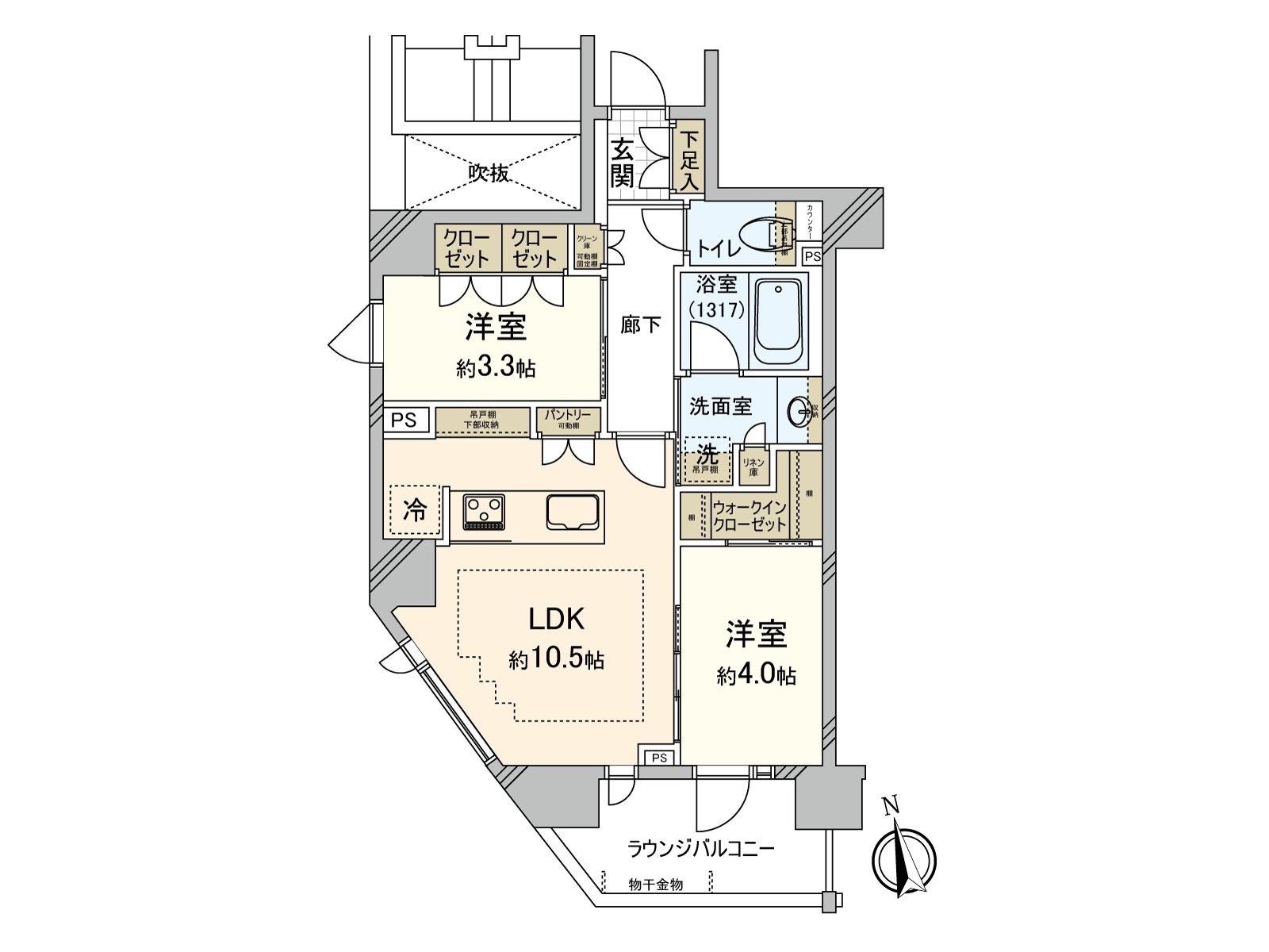 到底LDK打開約4.0張塌塌米西式房間的拉門，可以利用。以WIC以及餐具室為首，收納是豐富的房型。從朝南的休息室陽台，亮的陽光插進去。