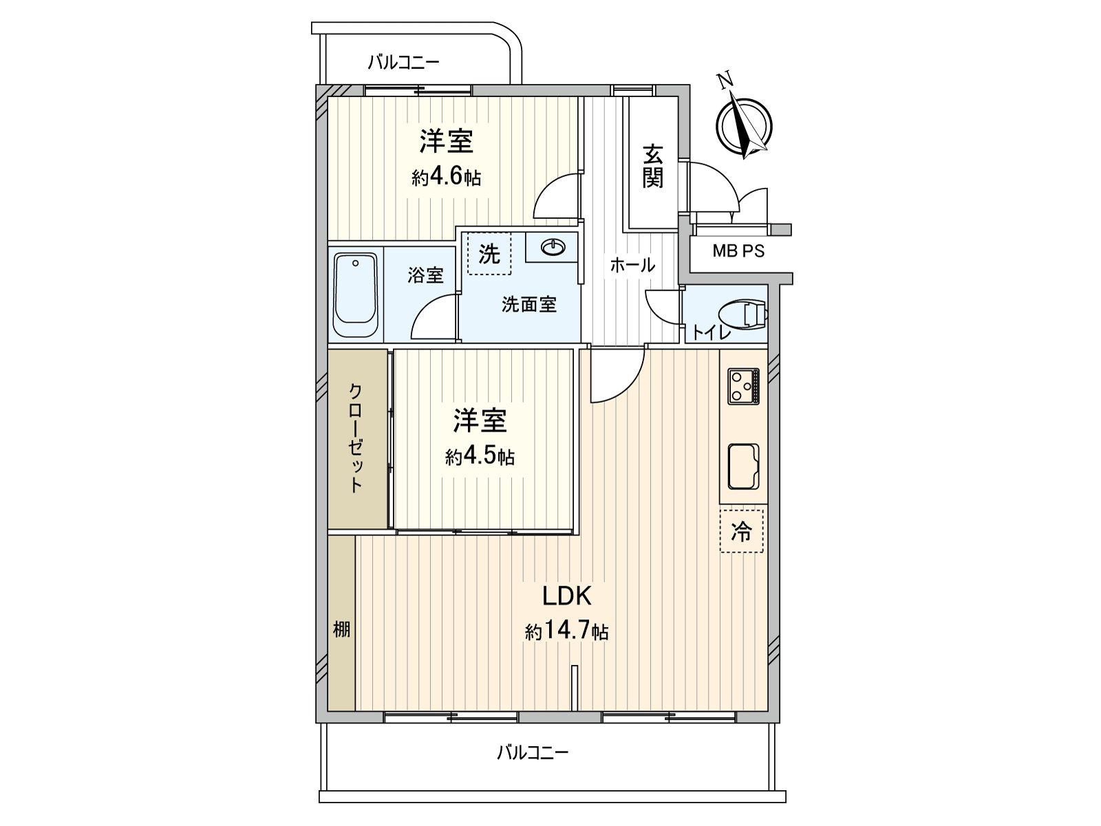A house of Southwest Orientation 2LDK. Hikari comes in through terrace facing LDK. As it is top floor, exposure to the sun is good.
