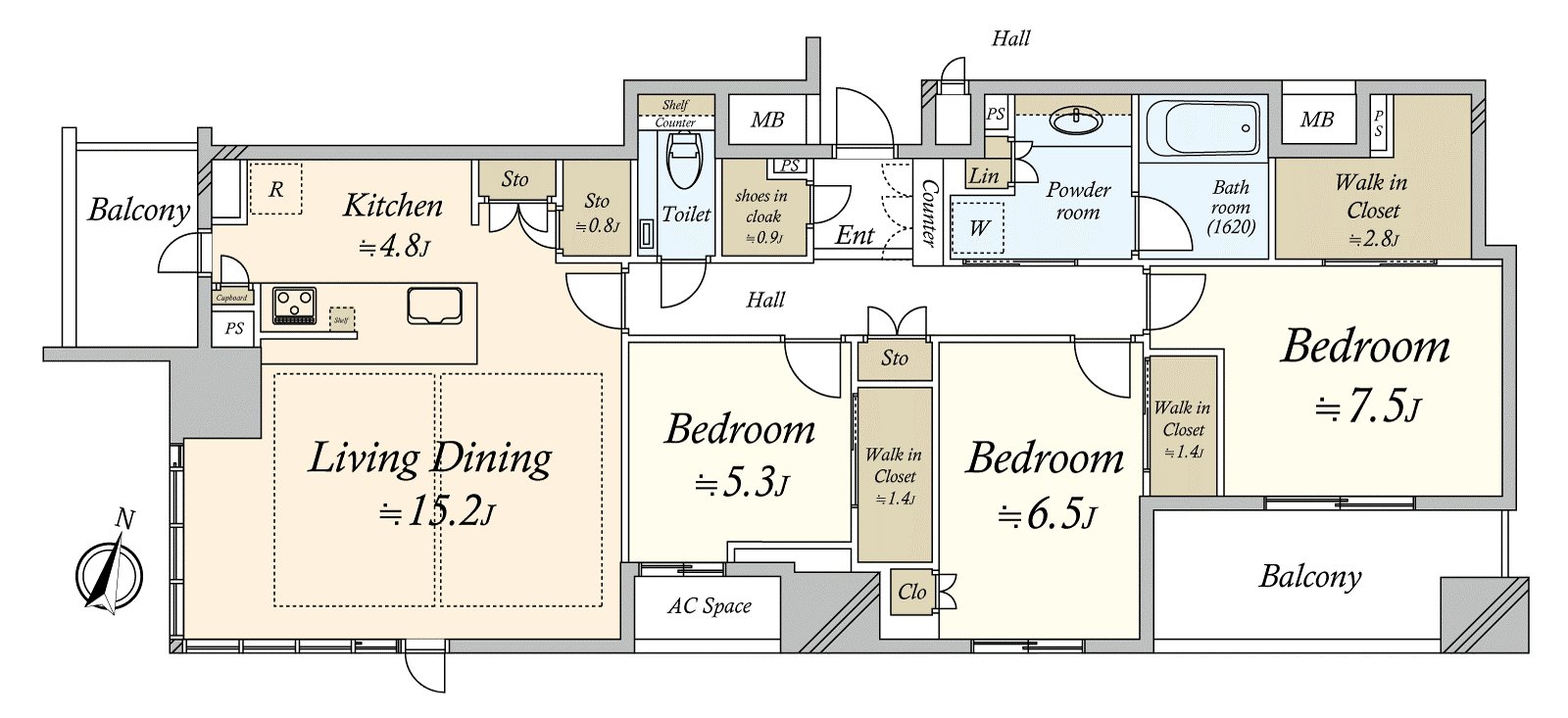 It is 3LDK+S (storeroom), exclusive area 100.02m2, Plan of terrace 12.91m2 in area 100.02m2, 3LDK+S+3WIC+SIC. For Southwest corner unit, the view per positive is good.