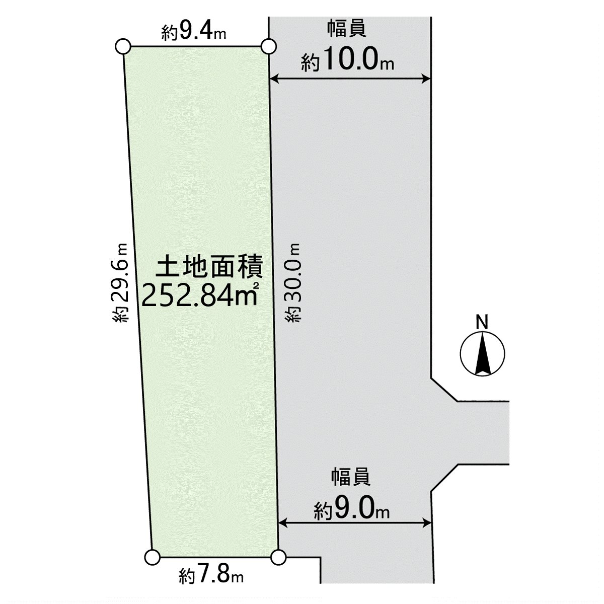 是区划图土地面积约252.84平米，正面宽度约30.0m。