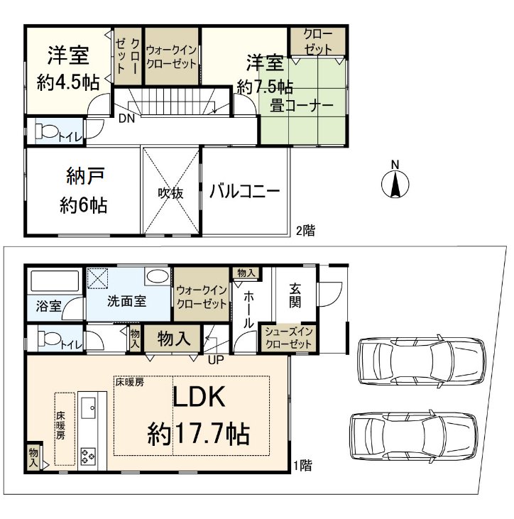 平面圖。全樓層總面積101.02.平方公尺的2SLDK。