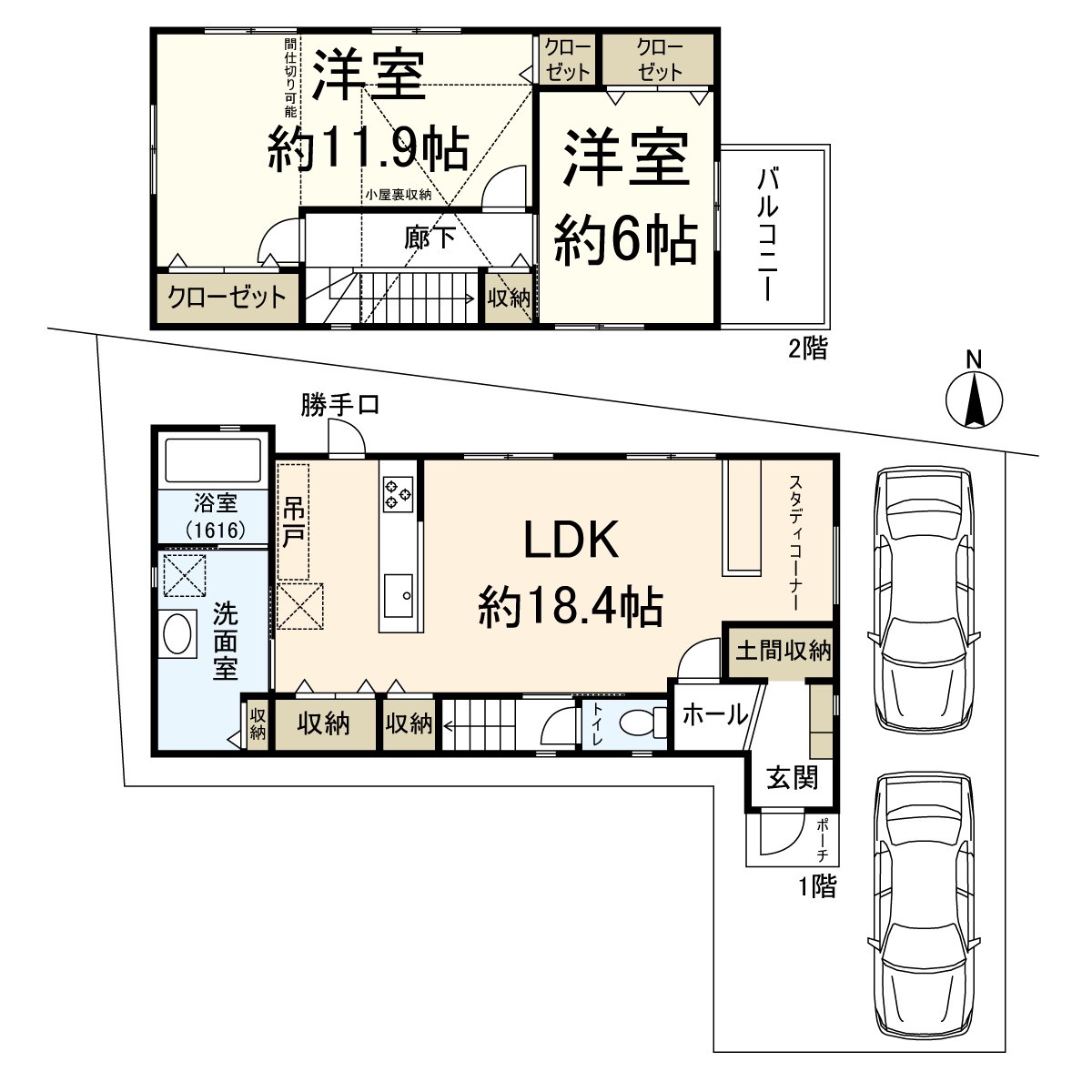 平面圖。建築面積89.90平方公尺的2LDK。
