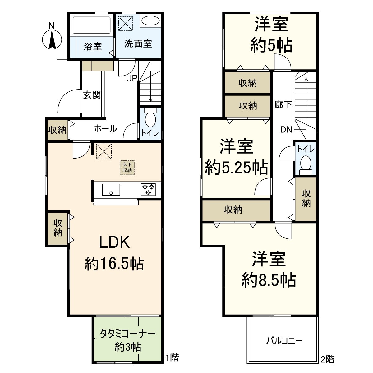 平面圖3LDK+榻榻米角的房型。在整理整頓好的房間以外的存儲空間有。