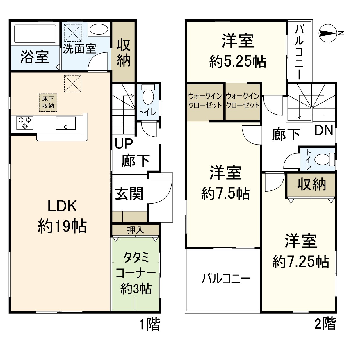 平面圖3LDK+榻榻米角+2WIC的房型。有充實的存儲空間。