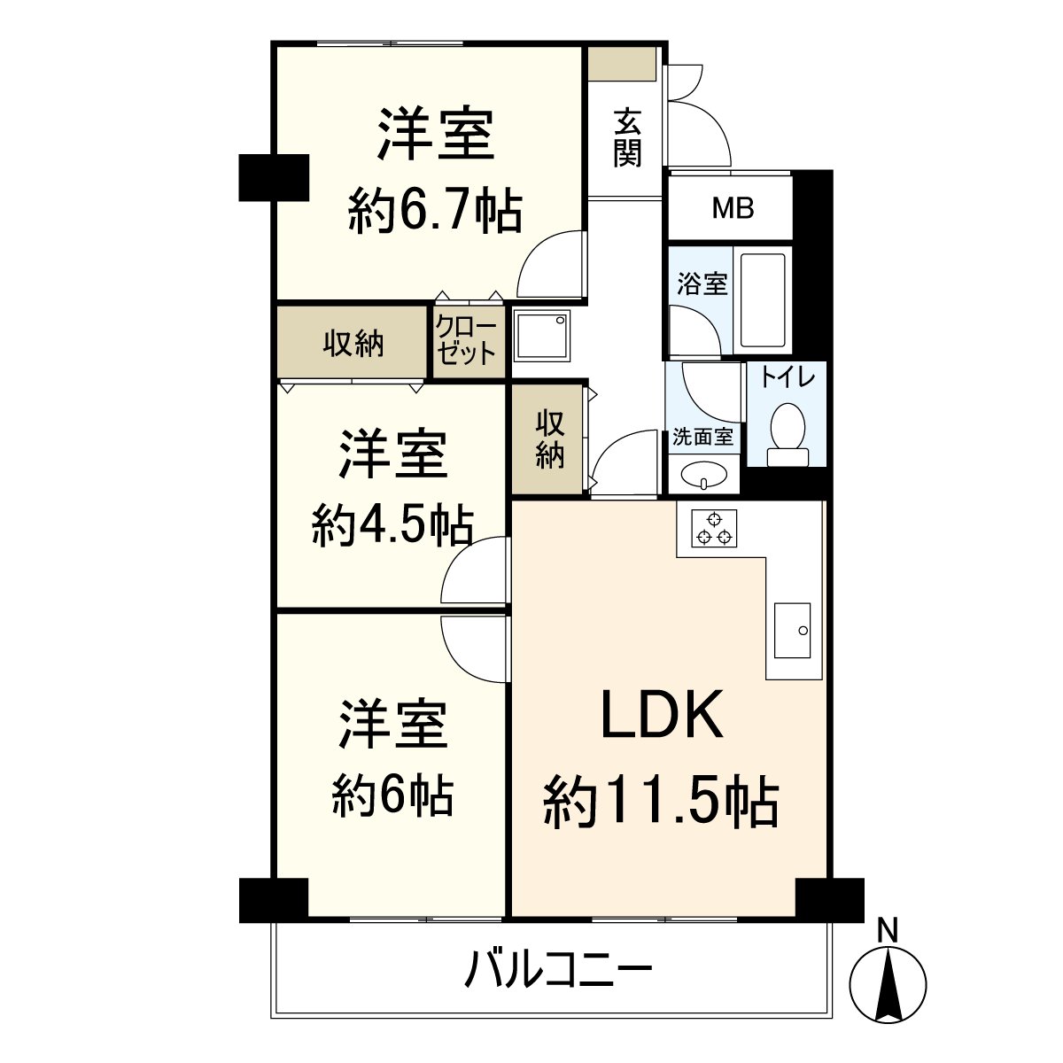 是房型图。实际使用面积67.61平米的3LDK型。