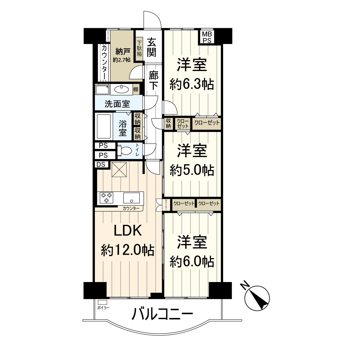 It is Floor plan. A 3LDK type of exclusive area 72.54 square meters.