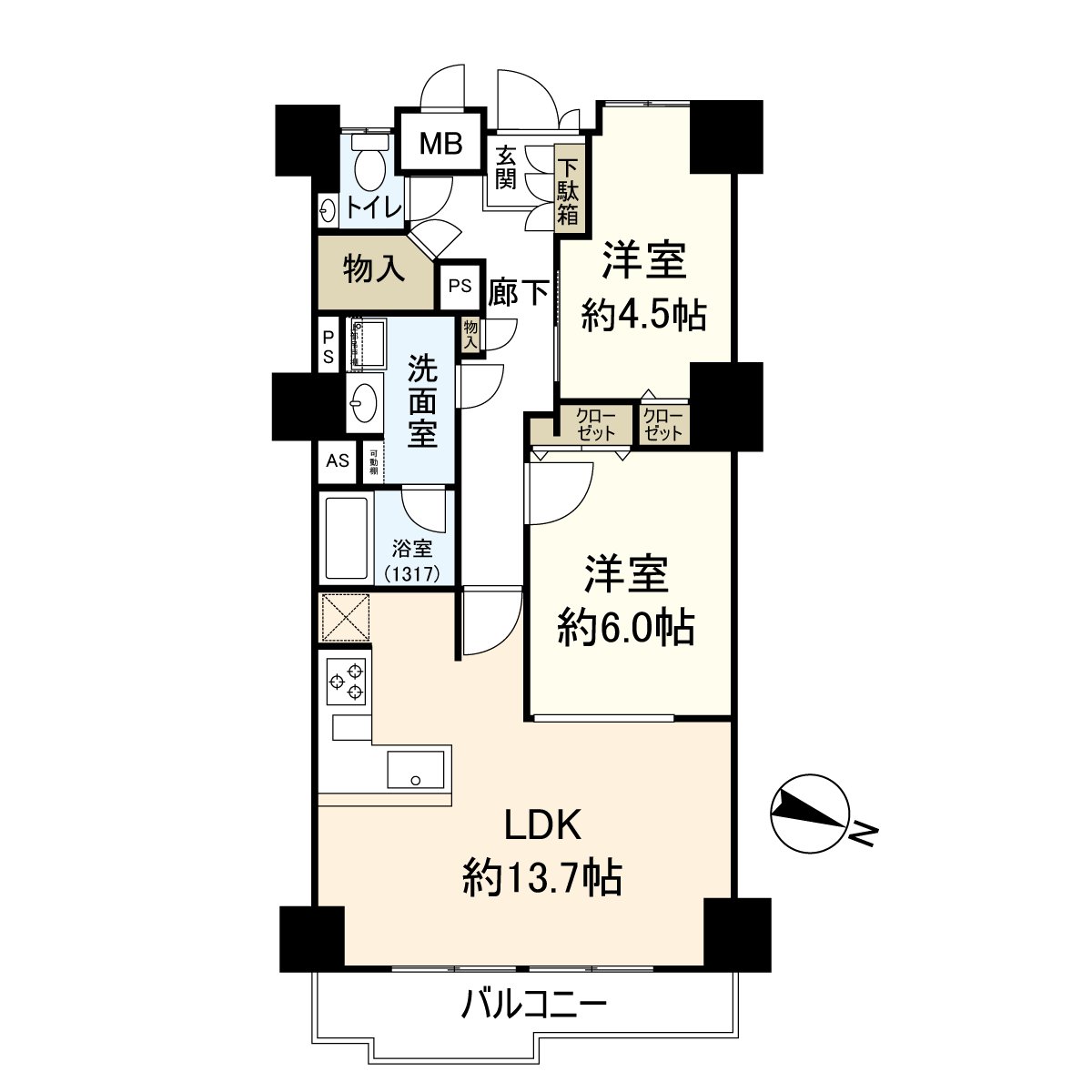 房型图。实际使用面积63.80平米的2LDK型。