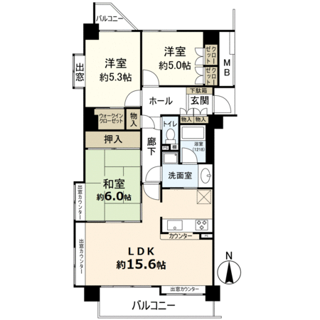 A 3LDK type of Floor plan exclusive area 79.59 square meters. South ･ West ･ North three-sided corner unit