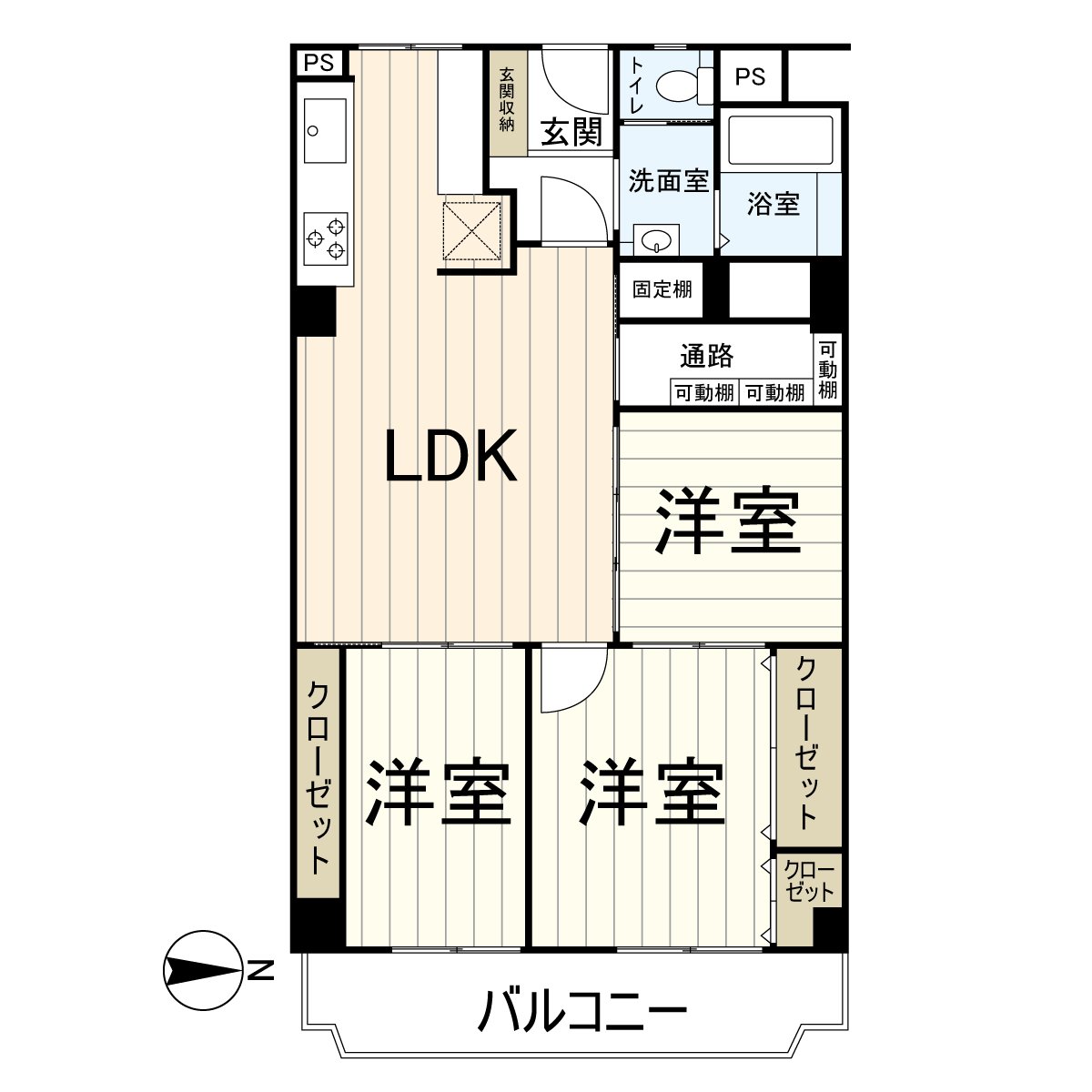 房型图。实际使用面积70.17平米的3LDK型