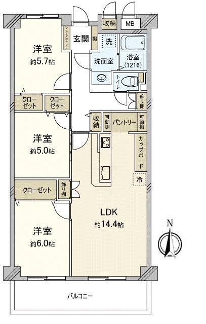 [平面圖]私人使用面積75.22平方公尺的3LDK型。光照風景關於5樓部分朝南良好。