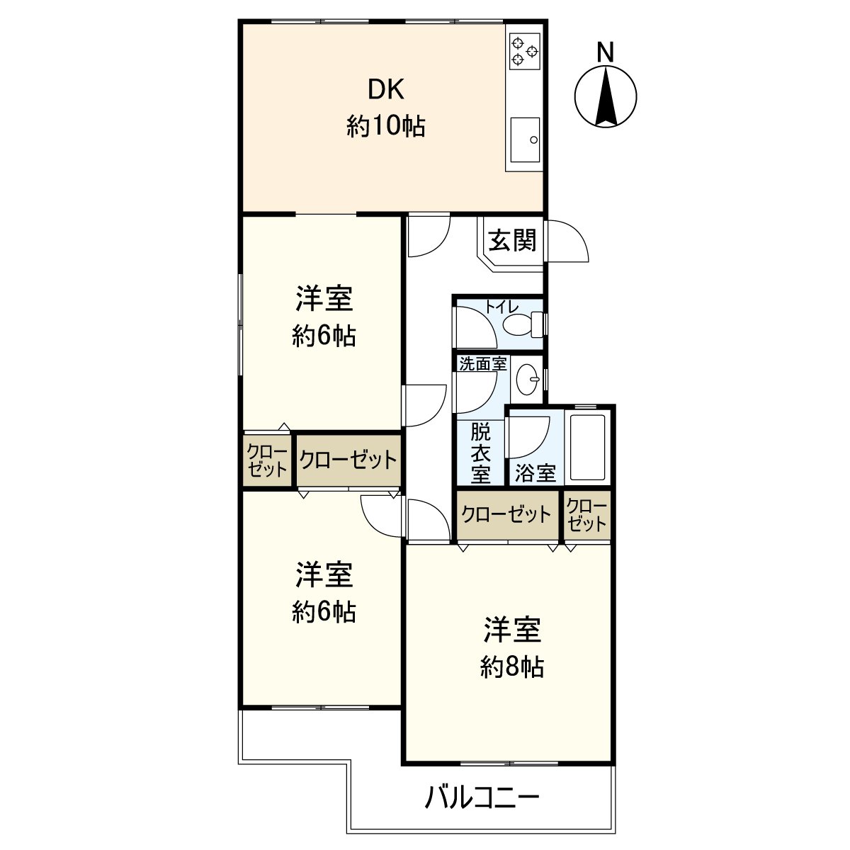 房型图。实际使用面积67.99平米的3DK型。