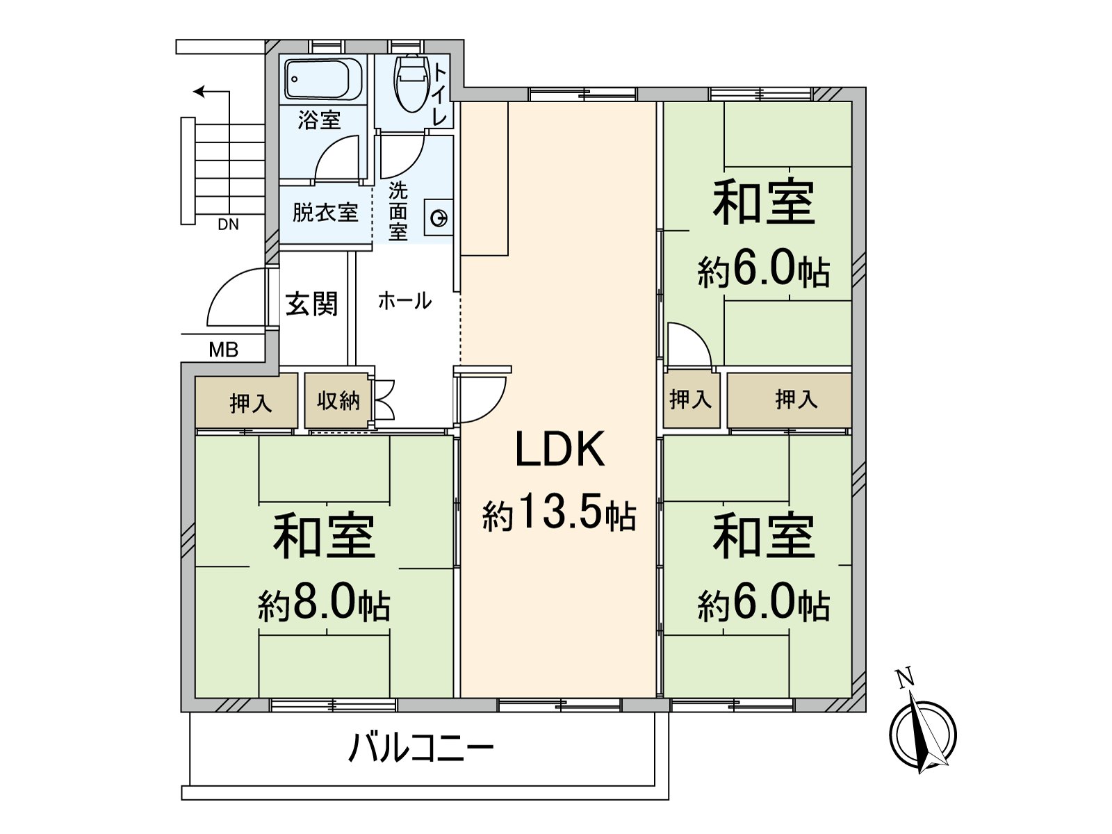 [Floor plan] A 3LDK type of exclusive area 73.43 square meters. You can use the extensive Japanese-style room as play space of the child.