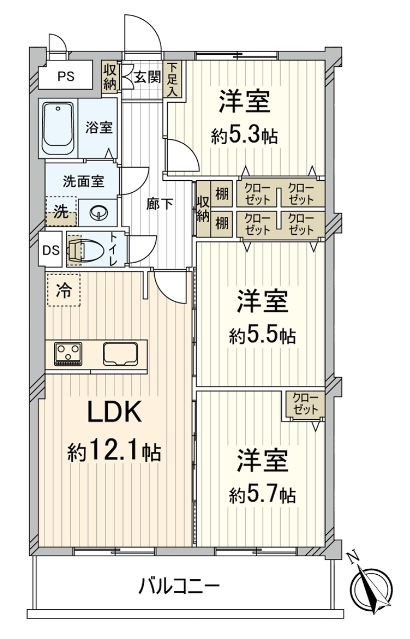 平面圖。私人使用面積66.15平方公尺的3LDK型。