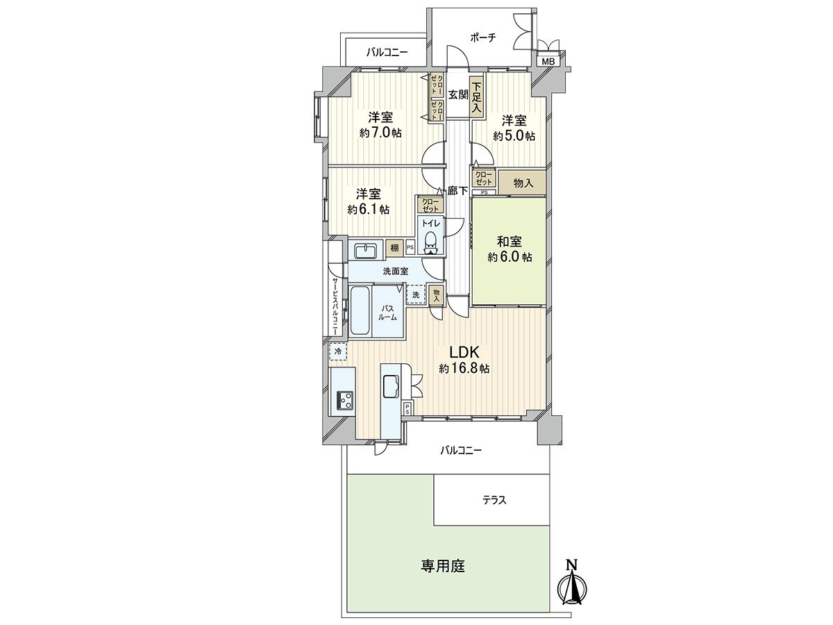 朝南的LDK，可以和16.8张塌塌米和广泛地邻接的日式房间到底也利用。是被感到在室内以外的联系的设计。在三个西式房间，收纳分别充实，根据家族构成以及生活方式可以用途。