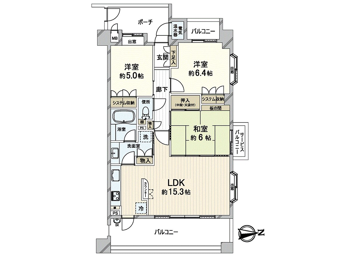 It is 2WAY line of flow to a washing face room, and a housework line of flow is good 3LDK, too. There is Northeast Corner Unit, and an authority of exposure to the sun ･ style is good.