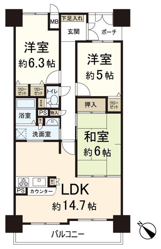 实际使用面积75.15平米。有3个地方收纳和壁橱，收纳丰富