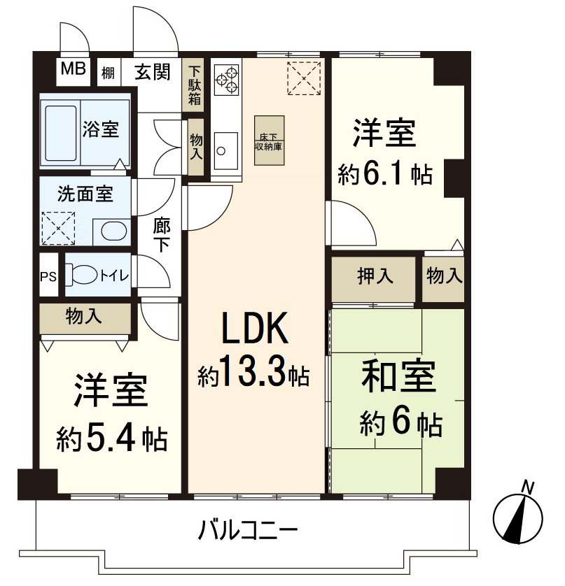 实际使用面积67.24平米，朝南的阳台9.94平米的房间。3LDK的房型