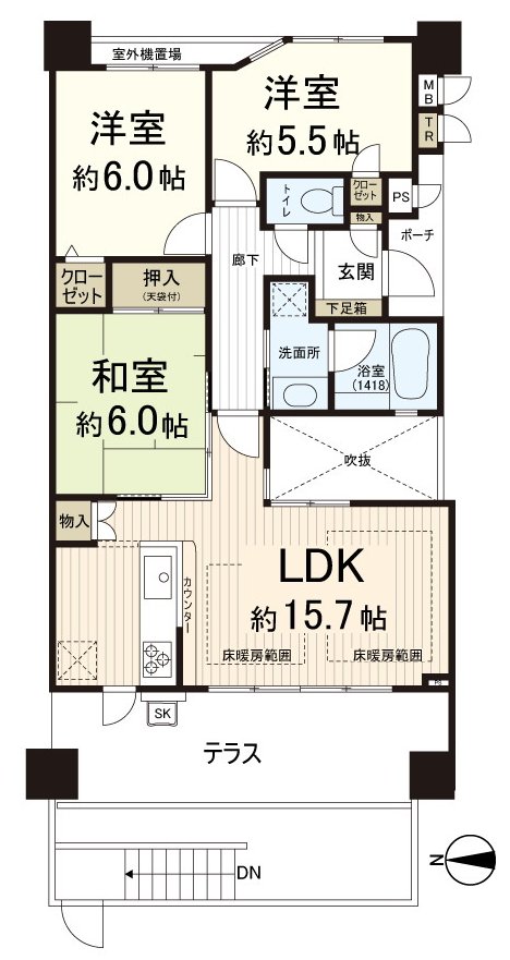 Plan of the 3LDK. There is setting of the floor heating in the extensive space of LDK about 15.7 quires
