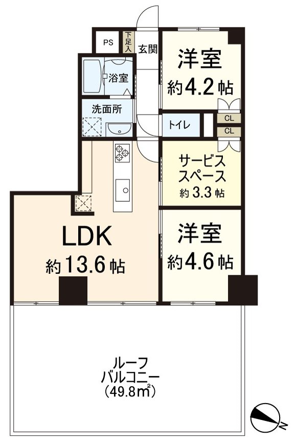 实际使用面积57.88平米，2SLDK的房型。49.8平米的屋顶阳台付住戸。家庭菜园以及孩子的娱乐场所使用方法各种各样