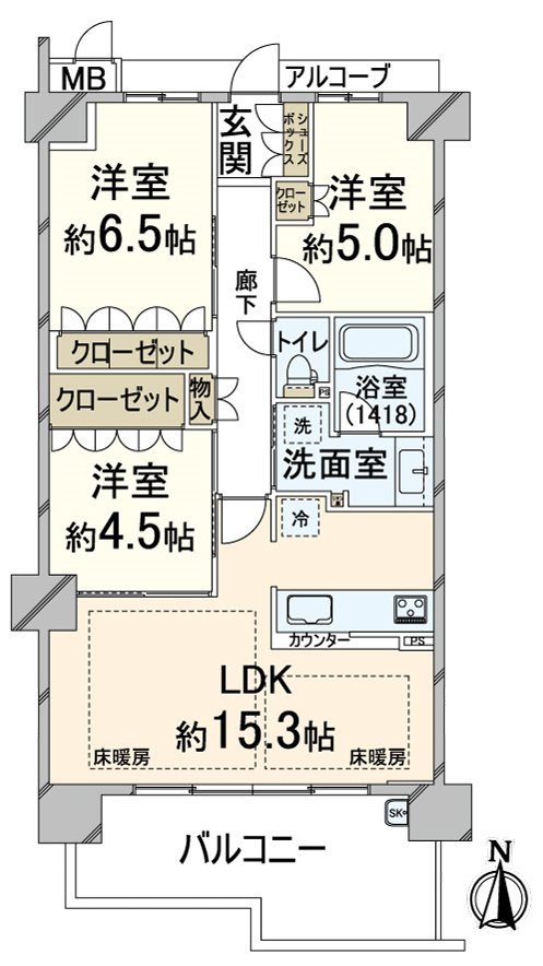 [Floor plan] 70.56 square meters of exclusive area, Terrace 12.72 square meters in area. The living ･ dining has floor heating